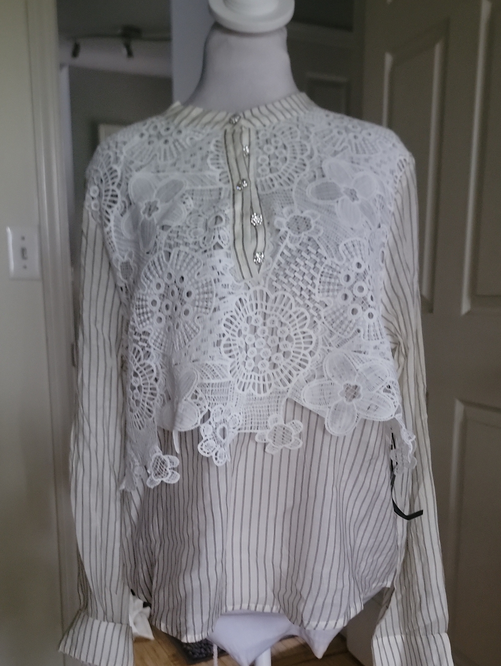 Alice Blue White Lace Overlay Striped Shirt